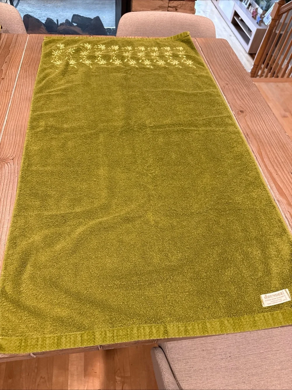 MCM Dundee Golden Crown Towel Set 3pc Avocado Green Floral Vine Retro Cotton USA